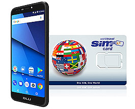 BLU G5 2G/3G/4G/LTE & WorldTravelSIM card with Voice, Text, Data + WiFi + Email + GPS + Web and more